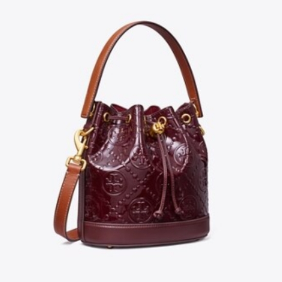 Tory Burch T Monogram Patent Embossed Bucket Bag & Wallet in Albarossa - Picture 4 of 17